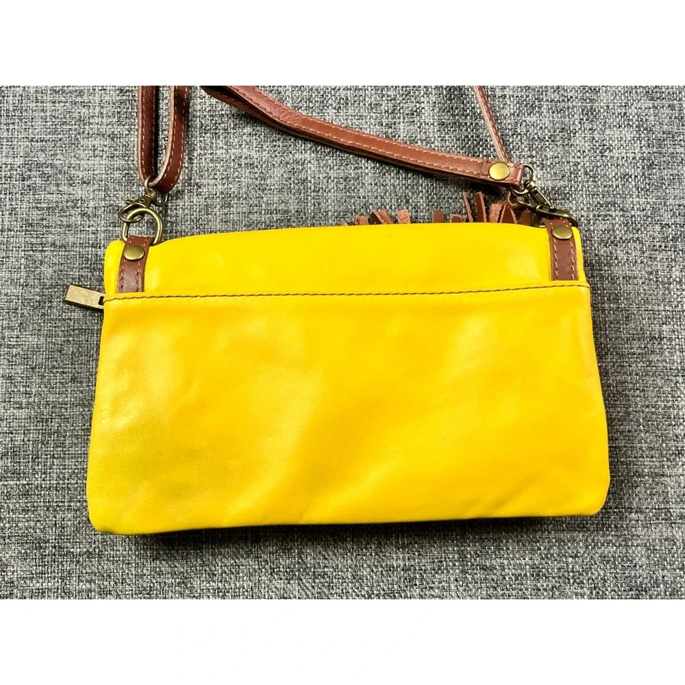 Vera Pelle Italy Yellow Leather Crossbody Foldover Tassel Clutch Bag
